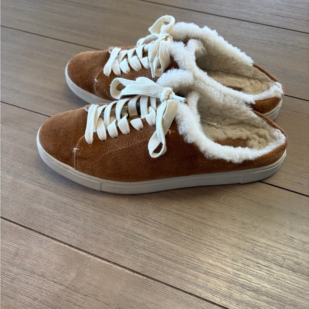 Frye Ivy genuine shearling sneaker mules in brown suede